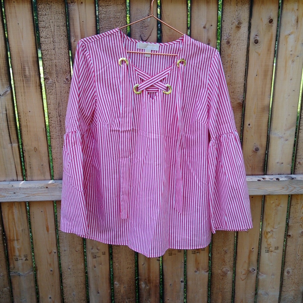 Michael Kors Lightweight Bell Sleeve Coral White Striped Vneck Tie Top